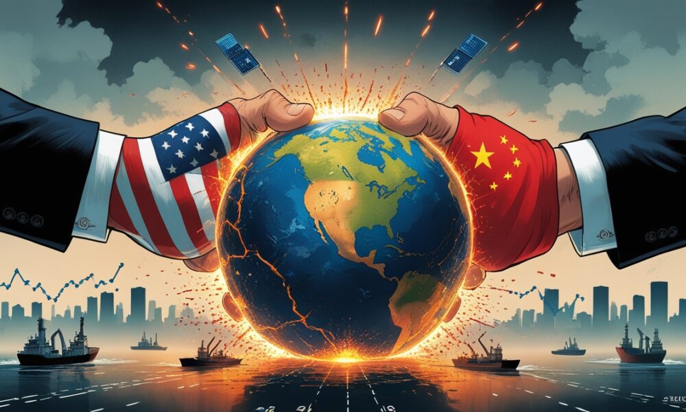 Symbolic illustration of US–China trade war over rare-earth metals and technology.
