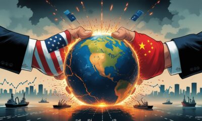 Symbolic illustration of US–China trade war over rare-earth metals and technology.