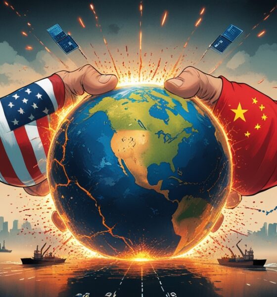 Symbolic illustration of US–China trade war over rare-earth metals and technology.
