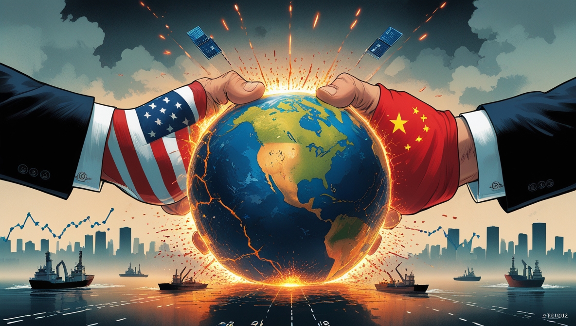 Symbolic illustration of US–China trade war over rare-earth metals and technology.