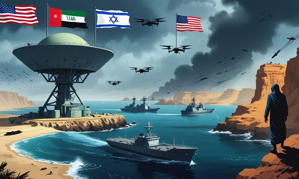 Ilustrasi editorial pangkalan militer UEA-AS-Israel di Socotra dengan radar, kapal perang, dan drone, menghadapi bayangan Ansarullah dari Yaman.