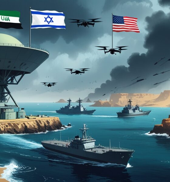 Ilustrasi editorial pangkalan militer UEA-AS-Israel di Socotra dengan radar, kapal perang, dan drone, menghadapi bayangan Ansarullah dari Yaman.