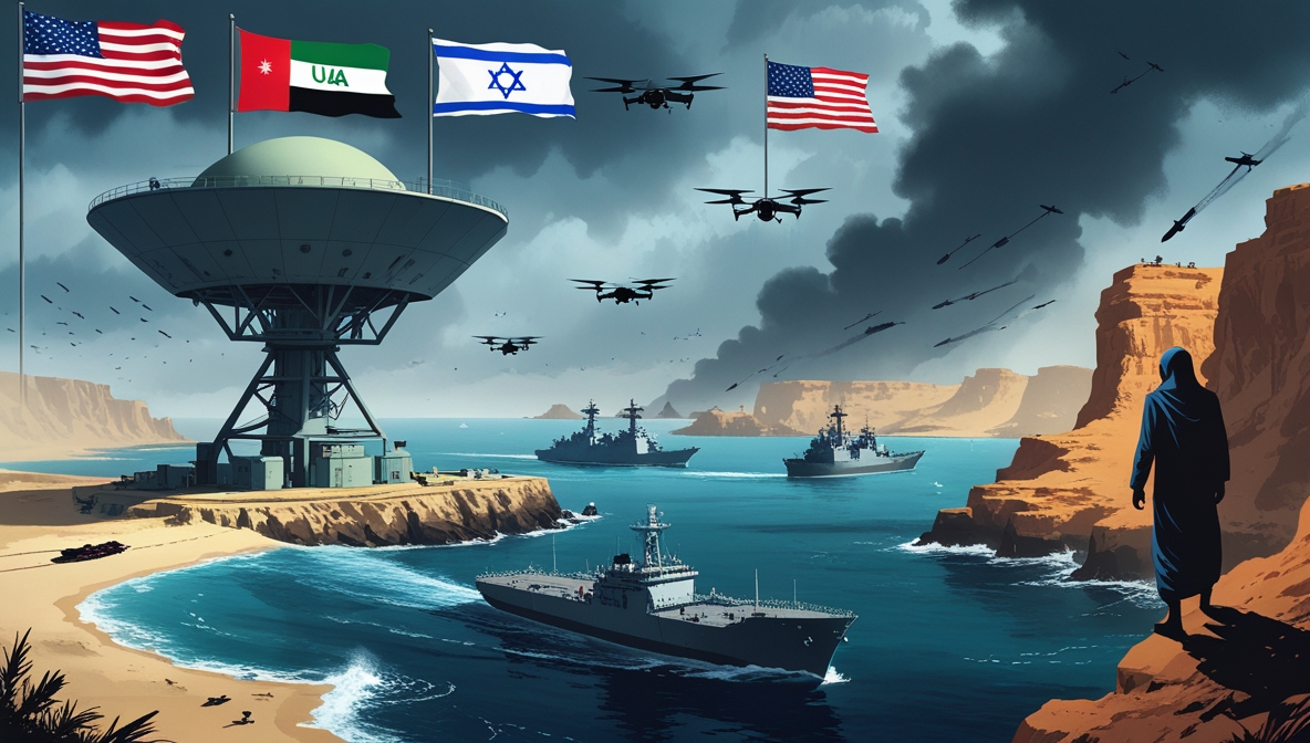 Ilustrasi editorial pangkalan militer UEA-AS-Israel di Socotra dengan radar, kapal perang, dan drone, menghadapi bayangan Ansarullah dari Yaman.