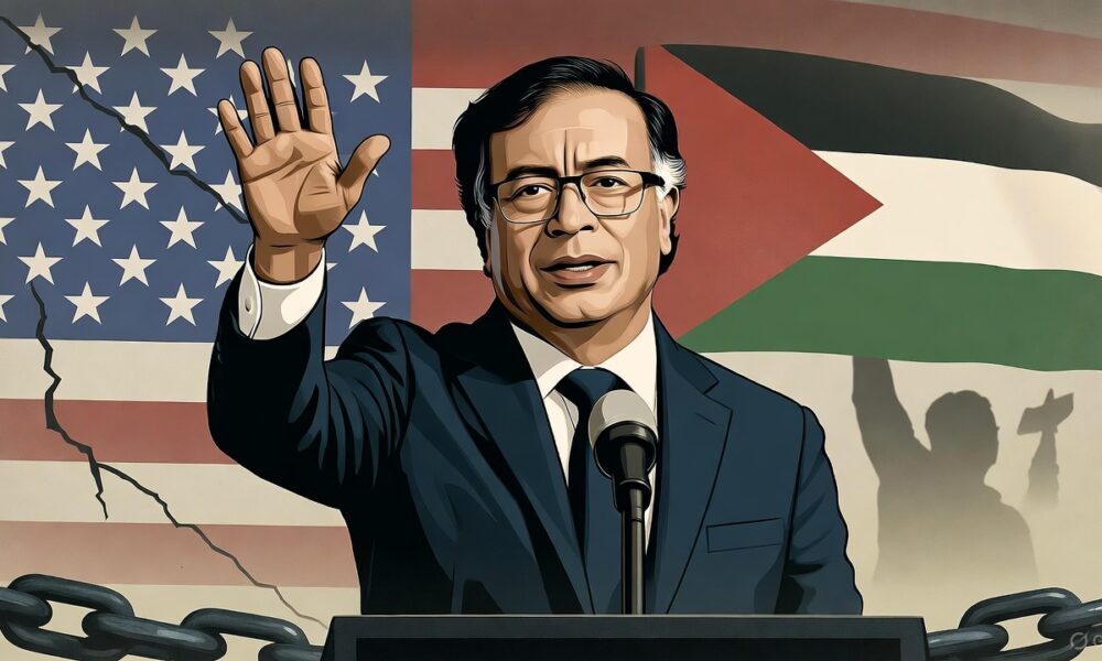 Ilustrasi editorial Presiden Kolombia Gustavo Petro berdiri tegas di podium, dengan bayangan bendera Palestina di belakangnya dan rantai patah di kakinya sebagai simbol perlawanan terhadap dominasi AS.