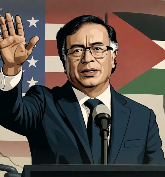 Ilustrasi editorial Presiden Kolombia Gustavo Petro berdiri tegas di podium, dengan bayangan bendera Palestina di belakangnya dan rantai patah di kakinya sebagai simbol perlawanan terhadap dominasi AS.