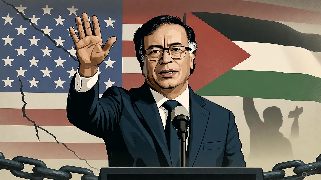 Ilustrasi editorial Presiden Kolombia Gustavo Petro berdiri tegas di podium, dengan bayangan bendera Palestina di belakangnya dan rantai patah di kakinya sebagai simbol perlawanan terhadap dominasi AS.