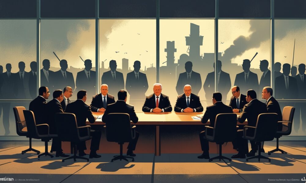 Para pemimpin faksi Palestina duduk di meja perundingan di Kairo, sementara bayangan diplomat asing mengintai dari balik kaca, menggambarkan paradoks antara upaya rekonsiliasi nasional dan tekanan eksternal di tengah reruntuhan Gaza.