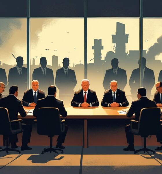 Para pemimpin faksi Palestina duduk di meja perundingan di Kairo, sementara bayangan diplomat asing mengintai dari balik kaca, menggambarkan paradoks antara upaya rekonsiliasi nasional dan tekanan eksternal di tengah reruntuhan Gaza.