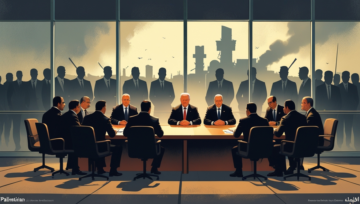 Para pemimpin faksi Palestina duduk di meja perundingan di Kairo, sementara bayangan diplomat asing mengintai dari balik kaca, menggambarkan paradoks antara upaya rekonsiliasi nasional dan tekanan eksternal di tengah reruntuhan Gaza.