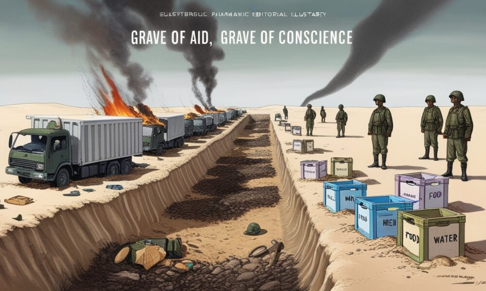 Ilustrasi editorial simbolik tentang kuburan bantuan kemanusiaan di Gaza dengan truk dan peti bantuan yang dikubur di pasir, menggambarkan matinya nurani dunia.