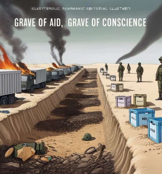 Ilustrasi editorial simbolik tentang kuburan bantuan kemanusiaan di Gaza dengan truk dan peti bantuan yang dikubur di pasir, menggambarkan matinya nurani dunia.