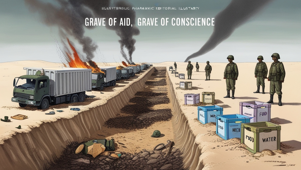 Ilustrasi editorial simbolik tentang kuburan bantuan kemanusiaan di Gaza dengan truk dan peti bantuan yang dikubur di pasir, menggambarkan matinya nurani dunia.