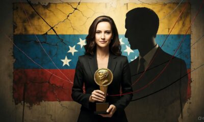 Maria Corina Machado berdiri memegang piala Nobel Perdamaian, dengan bayangan berbentuk Juan Guaidó di belakangnya dan tali berwarna merah, putih, biru menggantung dari atas, melambangkan kendali Amerika Serikat atas politik Venezuela.