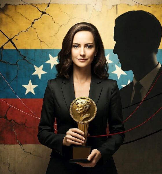 Maria Corina Machado berdiri memegang piala Nobel Perdamaian, dengan bayangan berbentuk Juan Guaidó di belakangnya dan tali berwarna merah, putih, biru menggantung dari atas, melambangkan kendali Amerika Serikat atas politik Venezuela.