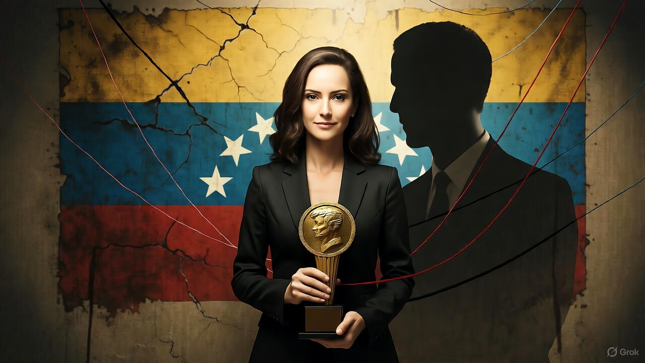 Maria Corina Machado berdiri memegang piala Nobel Perdamaian, dengan bayangan berbentuk Juan Guaidó di belakangnya dan tali berwarna merah, putih, biru menggantung dari atas, melambangkan kendali Amerika Serikat atas politik Venezuela.