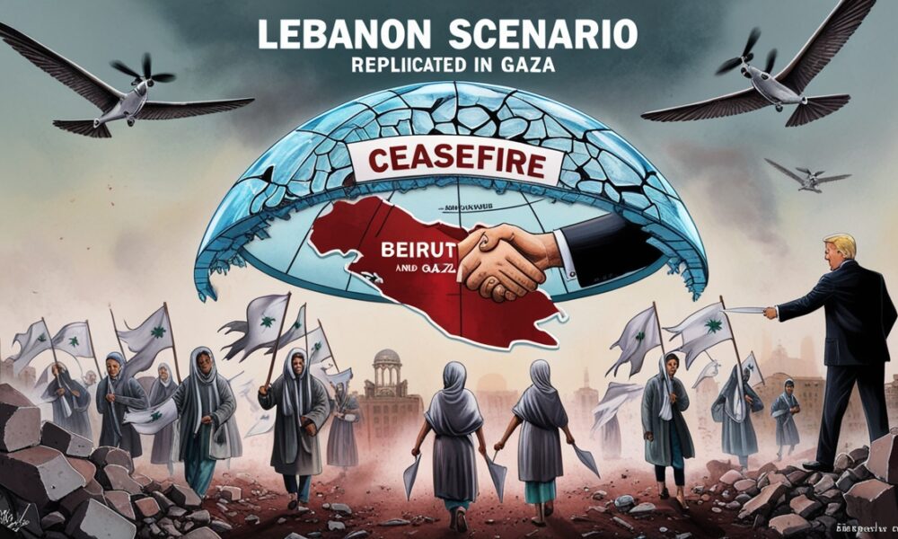 Illustration showing Gaza and Beirut under broken ceasefire, symbolizing the Lebanon scenario repeated in Gaza.