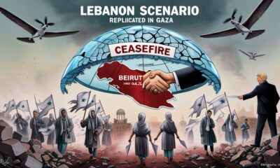 Illustration showing Gaza and Beirut under broken ceasefire, symbolizing the Lebanon scenario repeated in Gaza.