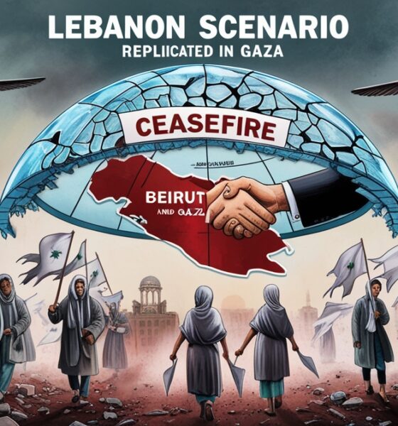 Illustration showing Gaza and Beirut under broken ceasefire, symbolizing the Lebanon scenario repeated in Gaza.