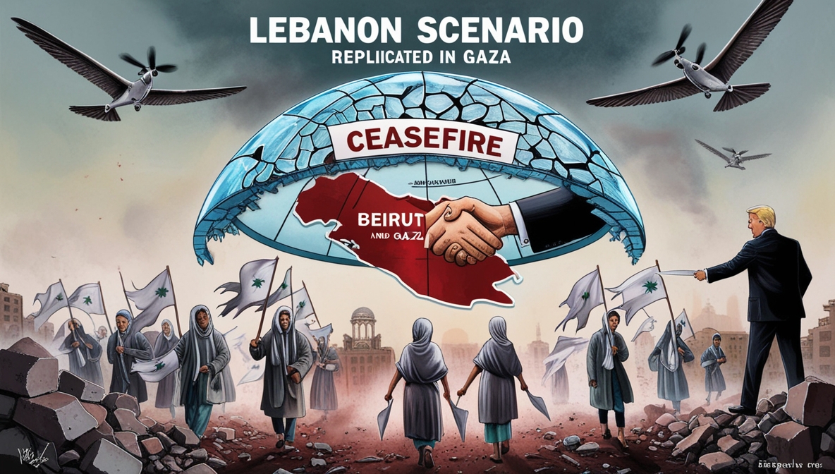 Illustration showing Gaza and Beirut under broken ceasefire, symbolizing the Lebanon scenario repeated in Gaza.