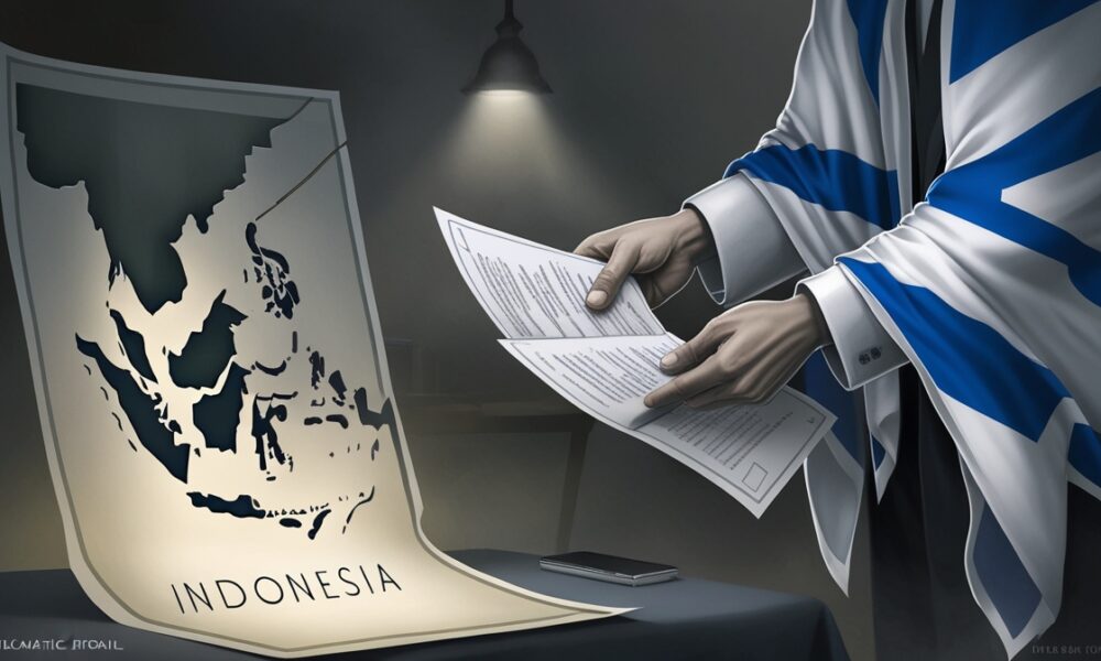 Ilustrasi editorial bergaya realistis menggambarkan upaya normalisasi senyap antara Israel dan Indonesia, dengan suasana simbolik yang menonjolkan ketegangan diplomatik tersembunyi.