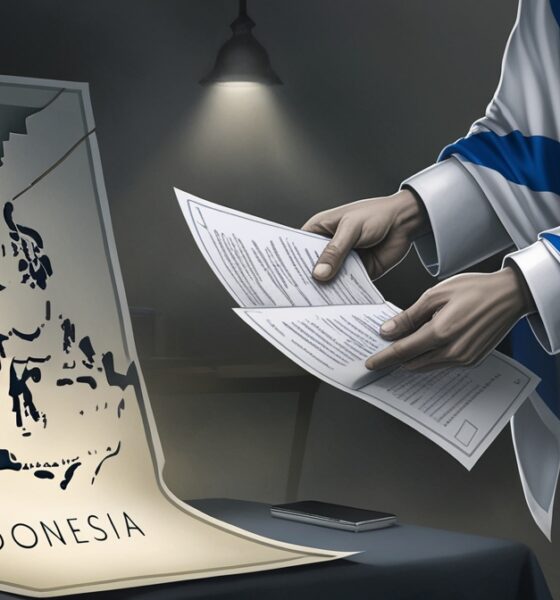 Ilustrasi editorial bergaya realistis menggambarkan upaya normalisasi senyap antara Israel dan Indonesia, dengan suasana simbolik yang menonjolkan ketegangan diplomatik tersembunyi.