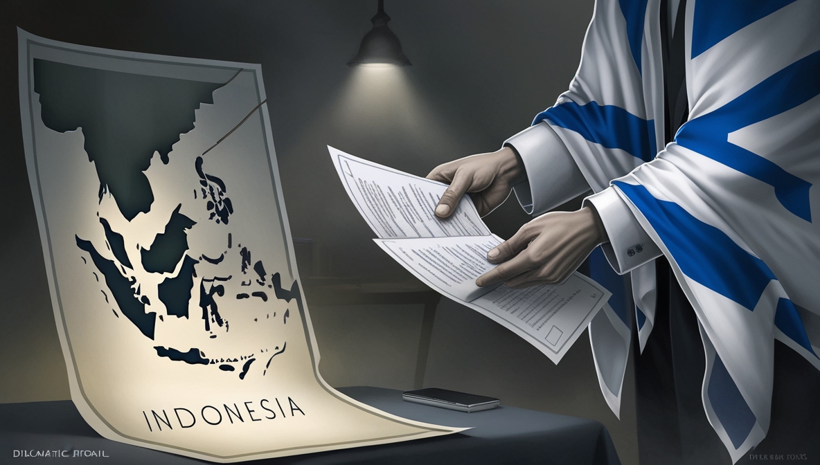 Ilustrasi editorial bergaya realistis menggambarkan upaya normalisasi senyap antara Israel dan Indonesia, dengan suasana simbolik yang menonjolkan ketegangan diplomatik tersembunyi.