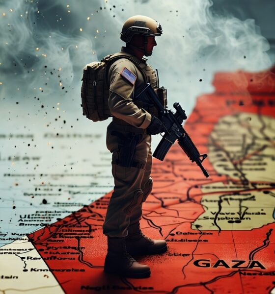 Tentara AS berdiri di atas peta Palestina dengan bendera Amerika di seragamnya.