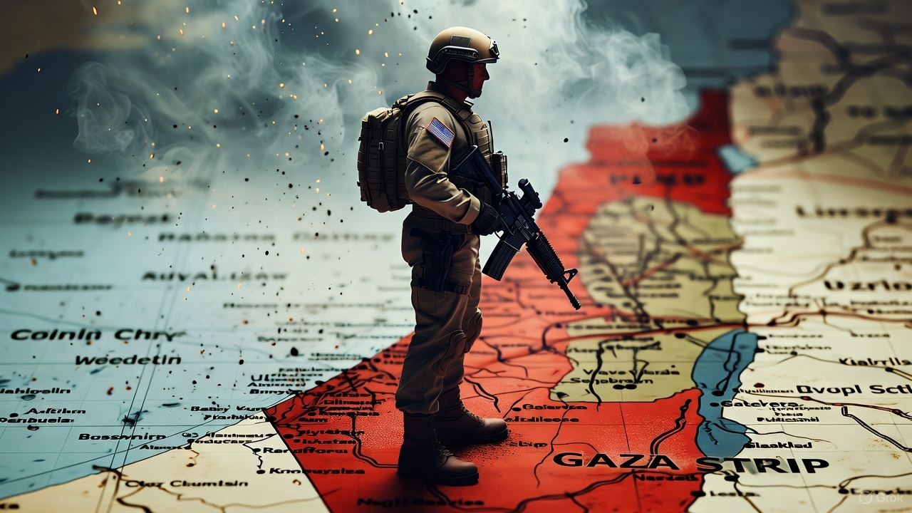 Tentara AS berdiri di atas peta Palestina dengan bendera Amerika di seragamnya.