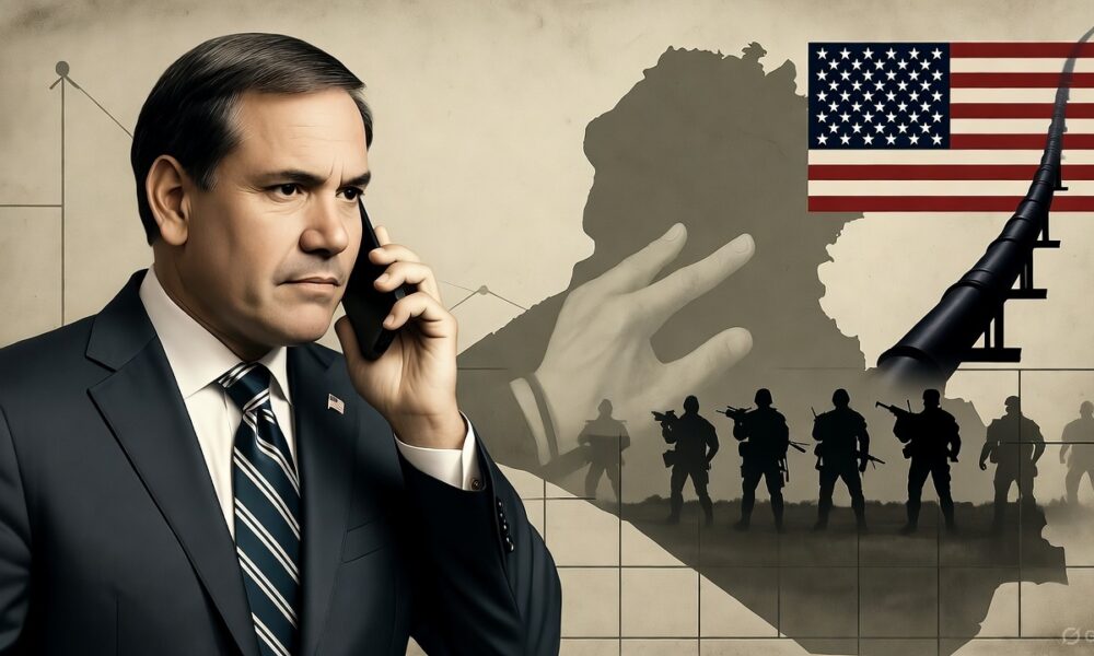 Ilustrasi editorial Marco Rubio menekan Irak agar melucuti milisi perlawanan dukungan Iran, menggambarkan ketegangan antara pengaruh Amerika dan kedaulatan Irak.
