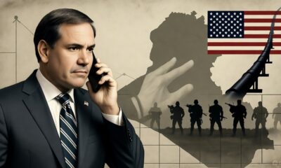 Ilustrasi editorial Marco Rubio menekan Irak agar melucuti milisi perlawanan dukungan Iran, menggambarkan ketegangan antara pengaruh Amerika dan kedaulatan Irak.