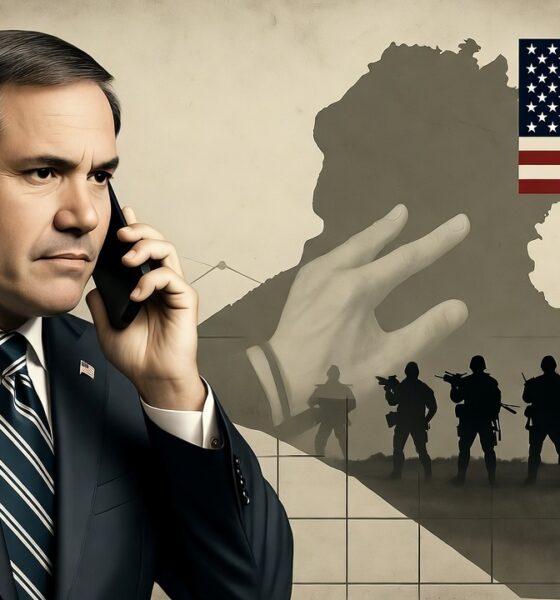 Ilustrasi editorial Marco Rubio menekan Irak agar melucuti milisi perlawanan dukungan Iran, menggambarkan ketegangan antara pengaruh Amerika dan kedaulatan Irak.