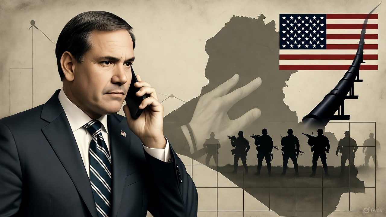 Ilustrasi editorial Marco Rubio menekan Irak agar melucuti milisi perlawanan dukungan Iran, menggambarkan ketegangan antara pengaruh Amerika dan kedaulatan Irak.
