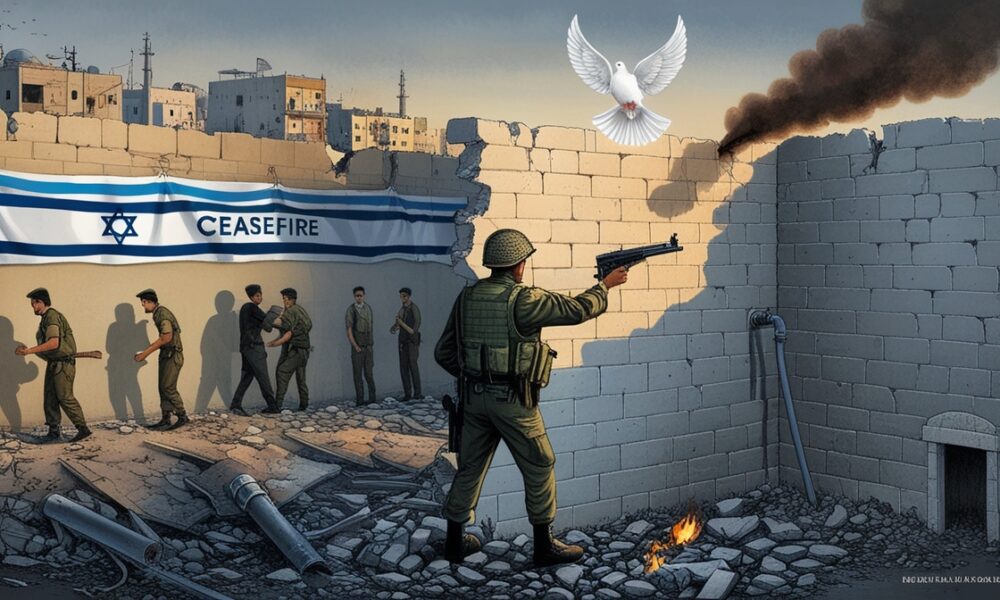 Ilustrasi simbolik prajurit Israel berdiri di reruntuhan Tepi Barat, bayangannya berbentuk senjata yang menodong burung merpati, menggambarkan ironi gencatan senjata palsu.