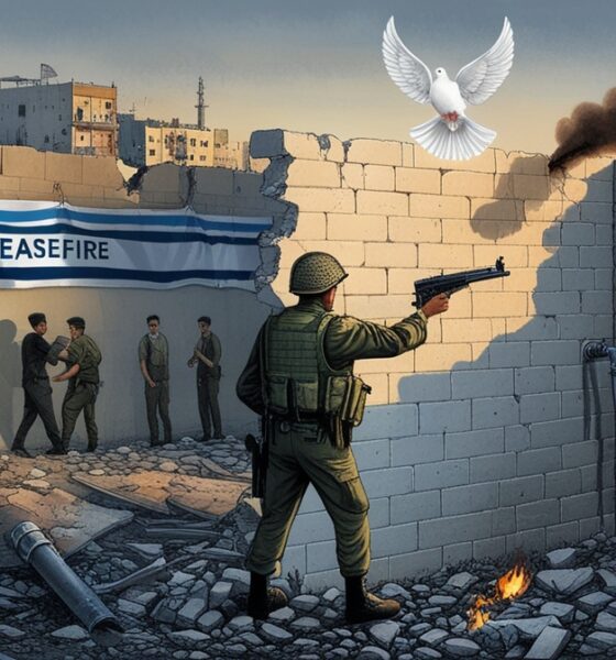 Ilustrasi simbolik prajurit Israel berdiri di reruntuhan Tepi Barat, bayangannya berbentuk senjata yang menodong burung merpati, menggambarkan ironi gencatan senjata palsu.