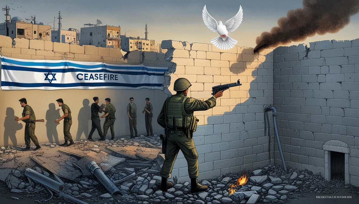 Ilustrasi simbolik prajurit Israel berdiri di reruntuhan Tepi Barat, bayangannya berbentuk senjata yang menodong burung merpati, menggambarkan ironi gencatan senjata palsu.