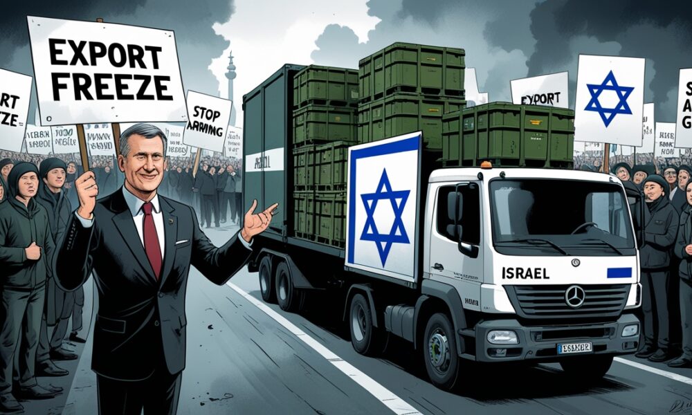 Ilustrasi editorial satir menampilkan pejabat Jerman mengklaim “larangan ekspor” sambil diam-diam mengirim perlengkapan militer ke Israel, dengan latar demonstrasi besar di Berlin.