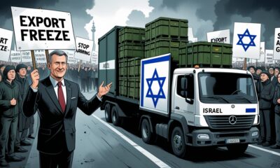 Ilustrasi editorial satir menampilkan pejabat Jerman mengklaim “larangan ekspor” sambil diam-diam mengirim perlengkapan militer ke Israel, dengan latar demonstrasi besar di Berlin.