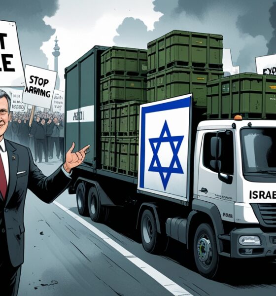 Ilustrasi editorial satir menampilkan pejabat Jerman mengklaim “larangan ekspor” sambil diam-diam mengirim perlengkapan militer ke Israel, dengan latar demonstrasi besar di Berlin.