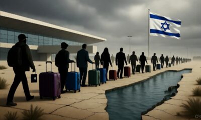 Israeli citizens leaving Ben Gurion Airport, symbolizing a mass exodus and the inner collapse of a nation.