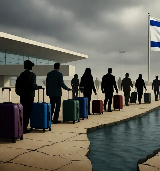 Israeli citizens leaving Ben Gurion Airport, symbolizing a mass exodus and the inner collapse of a nation.