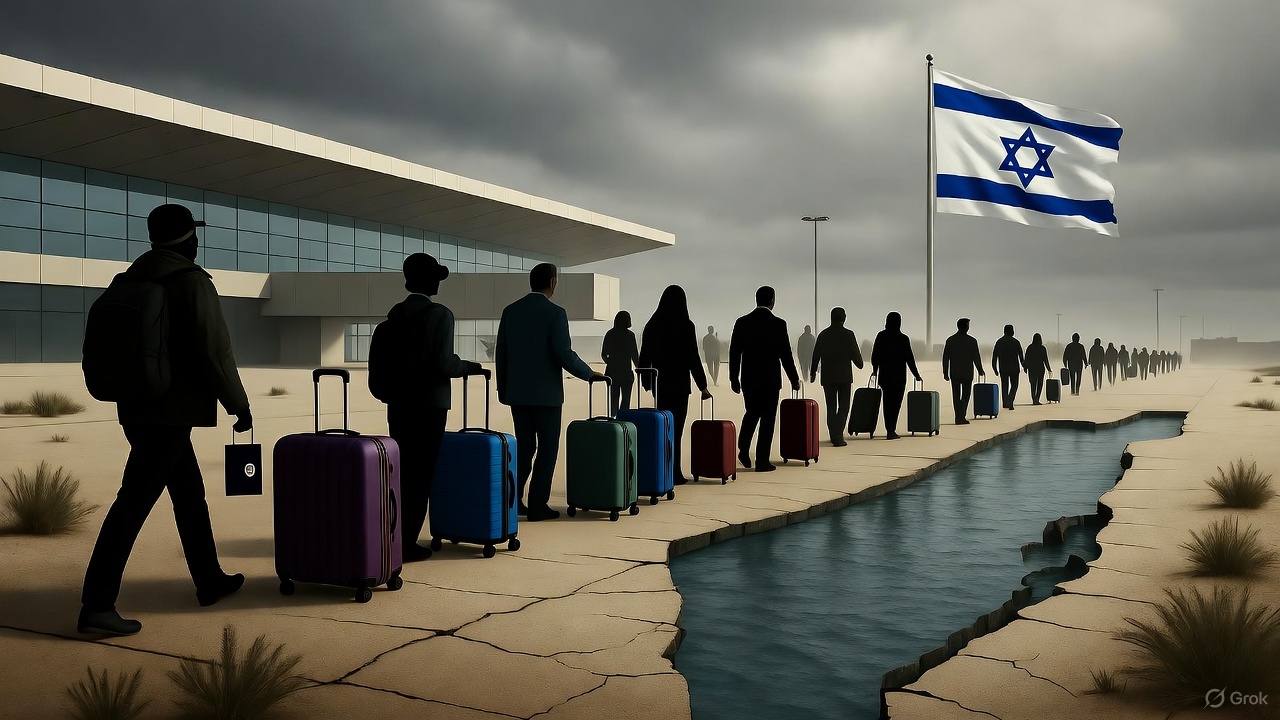 Israeli citizens leaving Ben Gurion Airport, symbolizing a mass exodus and the inner collapse of a nation.