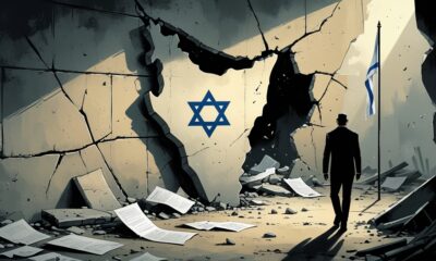 Ilustrasi simbolik keruntuhan internal Israel, digambarkan sebagai tembok retak berbentuk peta yang mulai runtuh, melambangkan krisis politik dan moral.