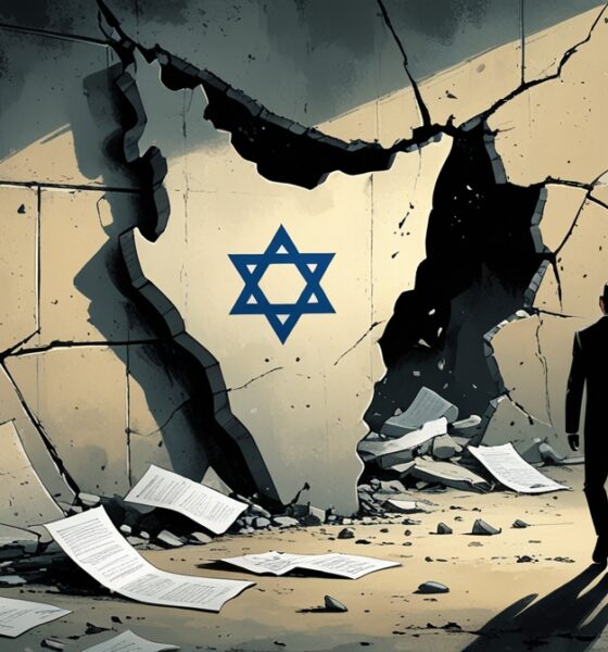 Ilustrasi simbolik keruntuhan internal Israel, digambarkan sebagai tembok retak berbentuk peta yang mulai runtuh, melambangkan krisis politik dan moral.