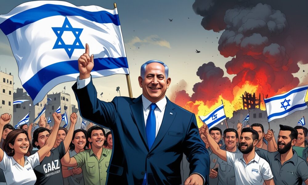 Benjamin Netanyahu standing with cheering Israeli citizens as Gaza burns in the background.