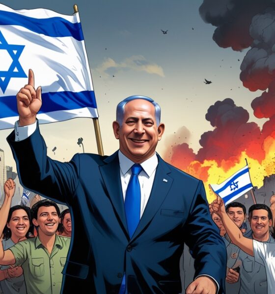 Benjamin Netanyahu standing with cheering Israeli citizens as Gaza burns in the background.