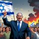 Benjamin Netanyahu standing with cheering Israeli citizens as Gaza burns in the background.
