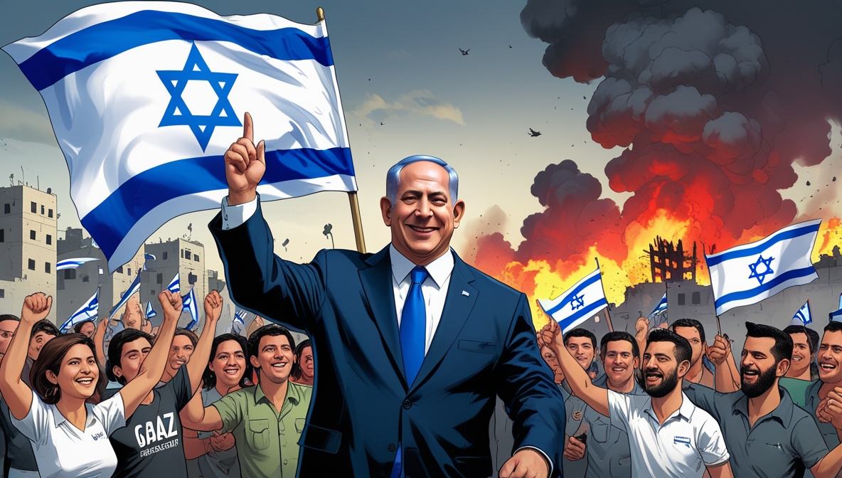 Benjamin Netanyahu standing with cheering Israeli citizens as Gaza burns in the background.