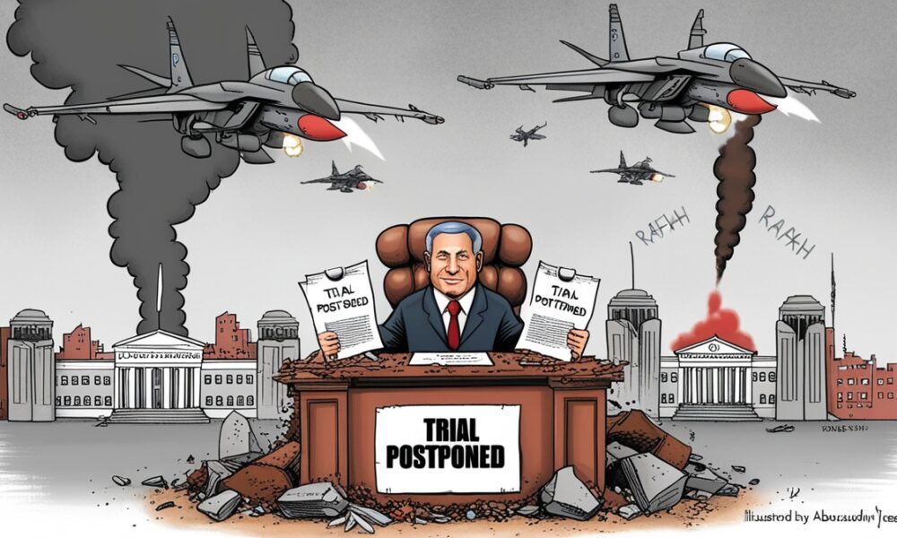 Ilustrasi editorial Benjamin Netanyahu di tengah puing Gaza, simbol kehancuran moral Israel.