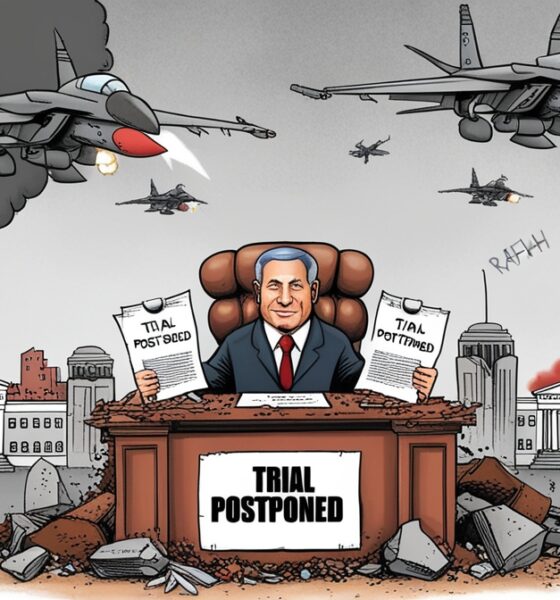 Ilustrasi editorial Benjamin Netanyahu di tengah puing Gaza, simbol kehancuran moral Israel.