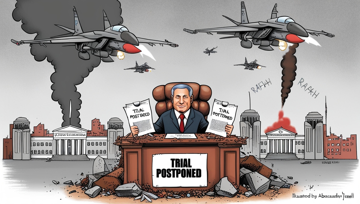 Ilustrasi editorial Benjamin Netanyahu di tengah puing Gaza, simbol kehancuran moral Israel.